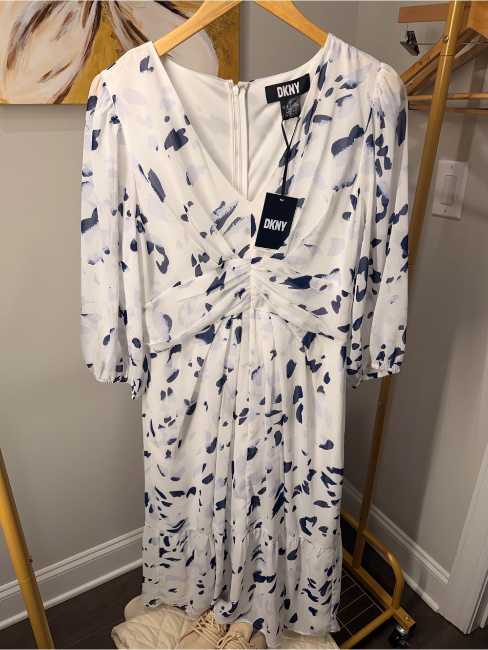 DKNY White and Navy Abstract Print V-Neck Midi Dress